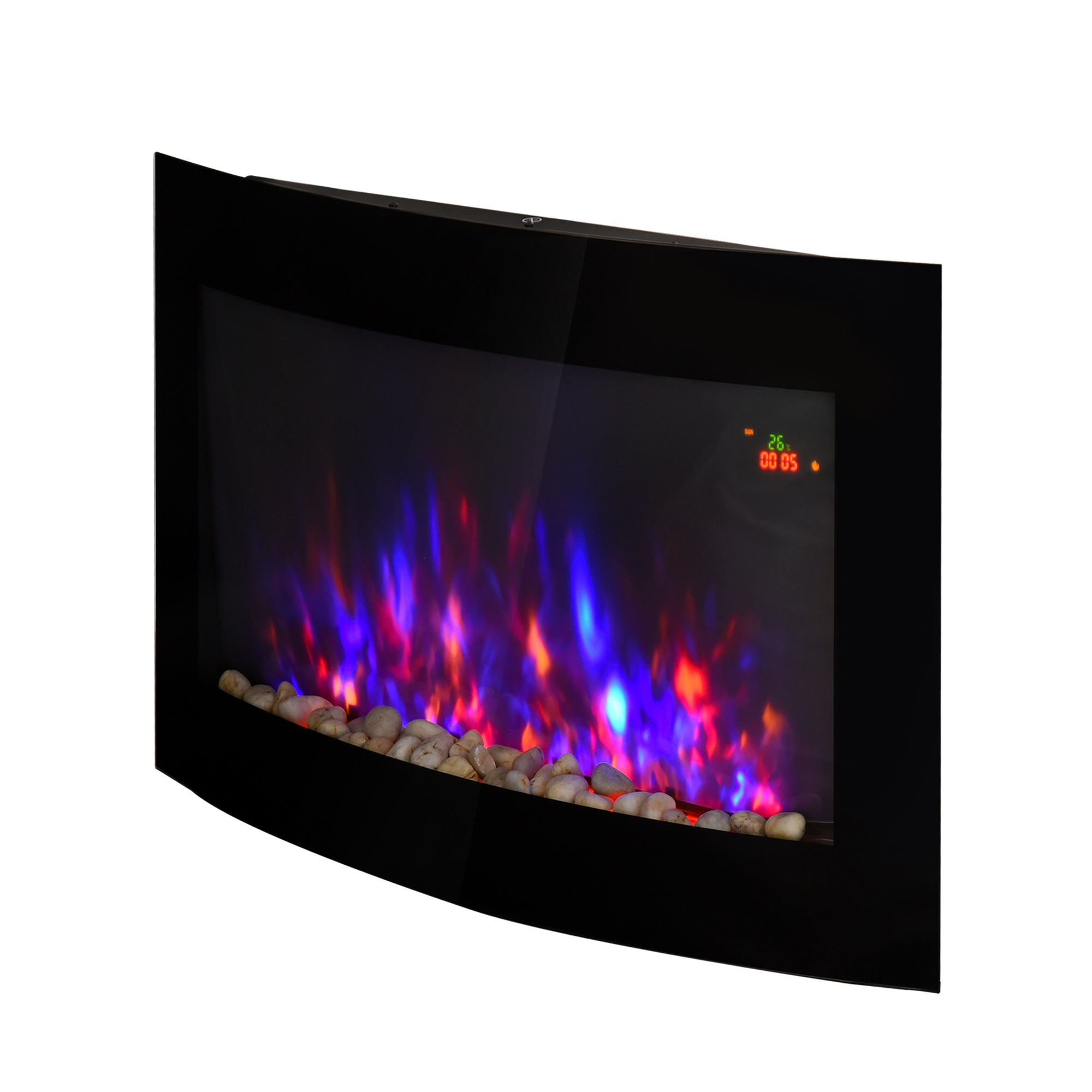 homcom caminetto elettrico da parete con effetto fiamma colorato con telecomando, in acciaio inox e vetro 65x11.4x52cm nero